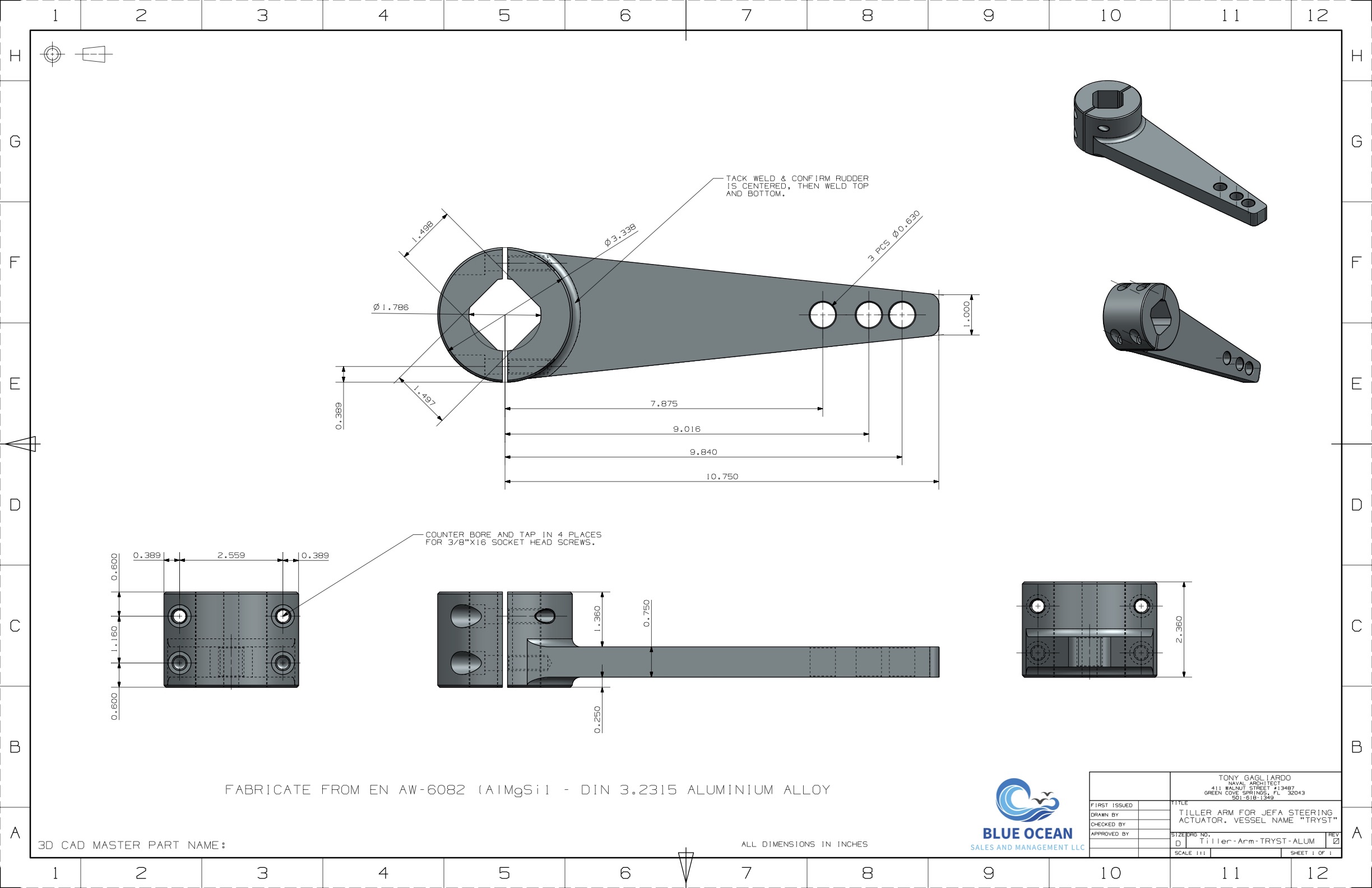 Autopilot tiller arm design for 35 foot cutter